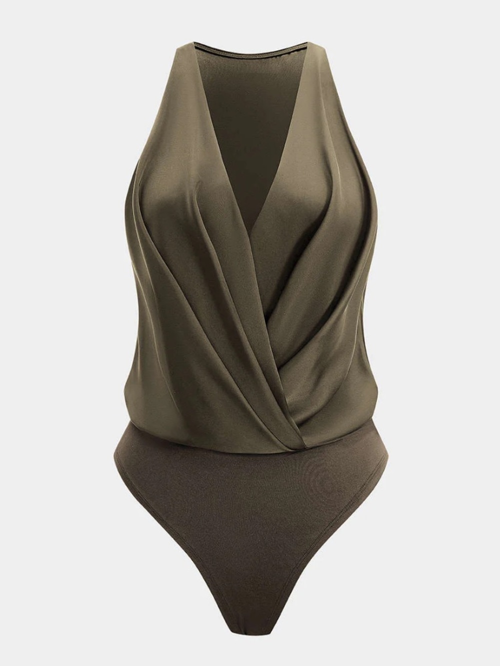 Micas Olive Green Satin Draped Bodysuit